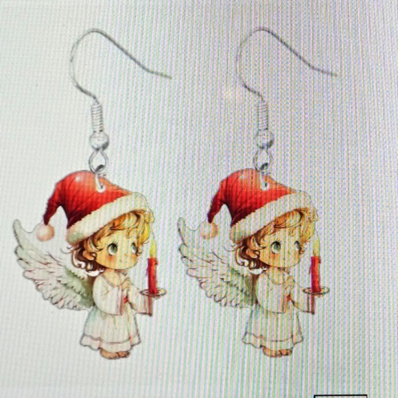 ♥️5 for $25♥️ Angel Cartoon Christmas Earrings Acrylic Dangles Nickel-Free Hooks - Picture 1 of 6
